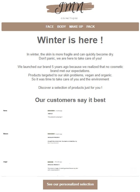 Example of a newsletter with customer reviews